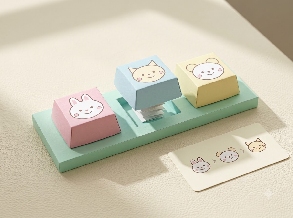민트색 종이 받침 위에 토끼·고양이·곰의 파스텔 사각 키캡 세 개가 한 줄로 놓인 완성 예시