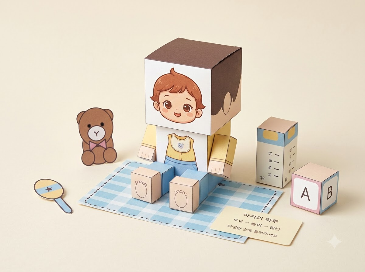 노란 옷의 입체 아기가 체크 매트에 앉아 있고 젖병, 알파벳 블록, 곰돌이, 딸랑이와 돌봄 카드가 놓인 완성 예시