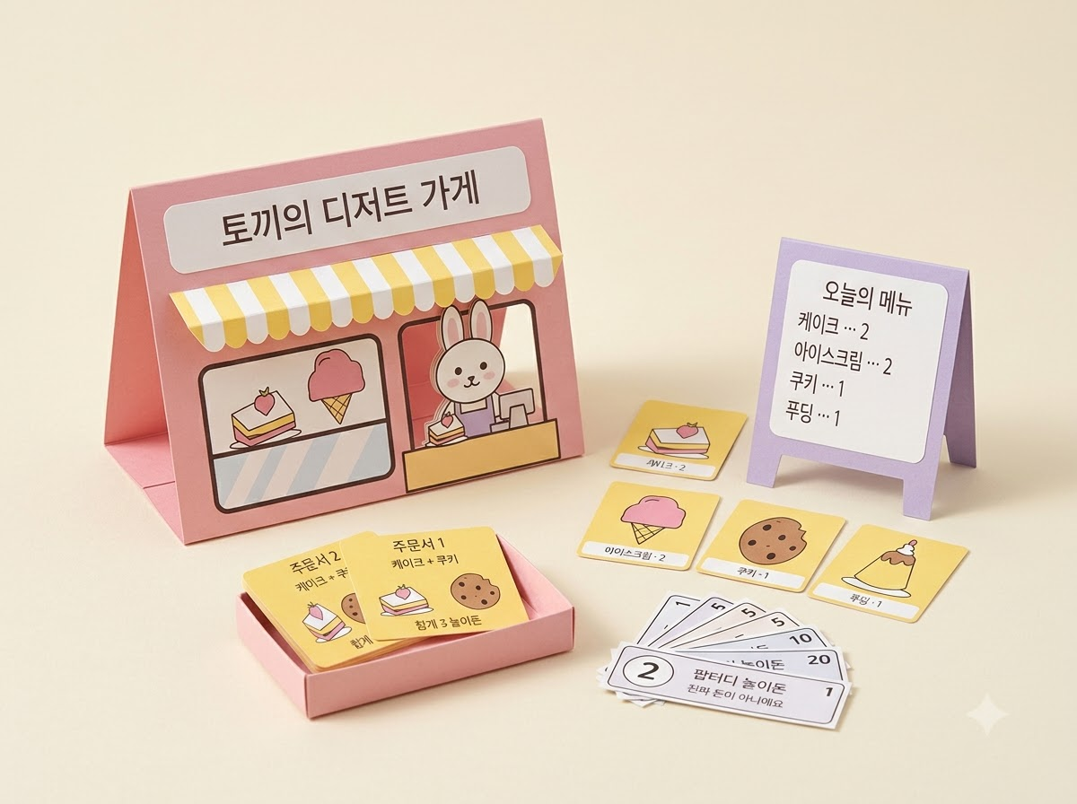 토끼가 있는 종이 가게와 메뉴판, 조립한 진열함, 디저트 네 종류와 주문서·놀이돈을 담은 실사풍 완성 예시