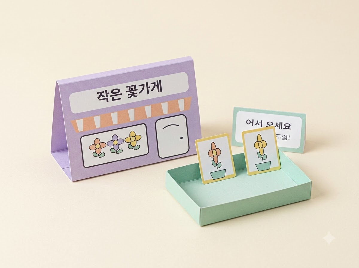 종이를 접어 세운 작은 꽃가게, 안내판, 두 꽃 카드와 열린 진열함을 담은 실사풍 완성 예시