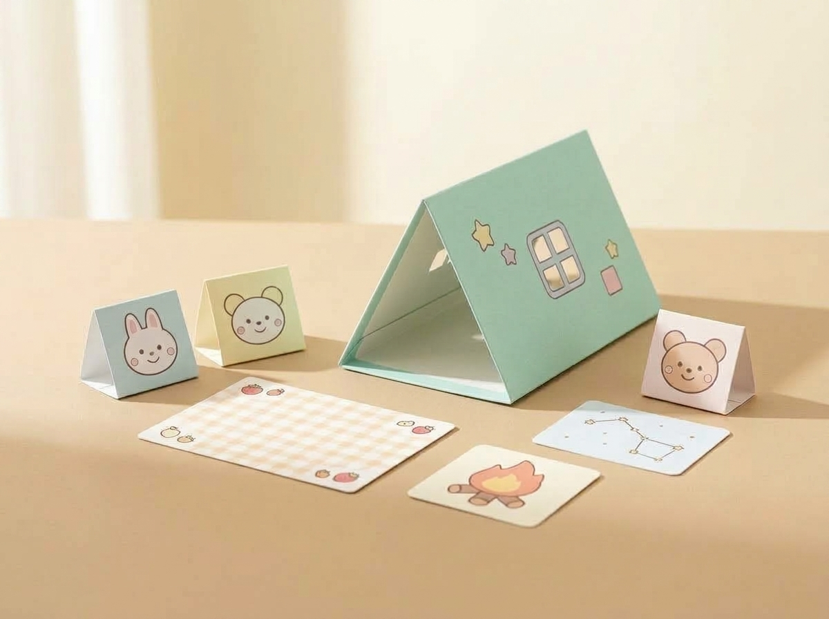 양 끝이 열린 민트 삼각 종이 텐트와 토끼·곰 친구, 돗자리·종이 모닥불·별자리 카드를 배치한 완성 예시
