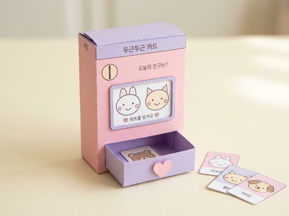 분홍색 종이 자판기의 하트 손잡이 받침을 조금 당겨 놓고 작은 동물 포토카드와 수집판을 펼친 완성 예시