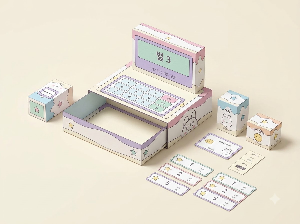 라벤더 계산대의 돈 서랍이 열려 있고 위에는 숫자판과 입체 화면, 옆에는 스캐너와 우유·과자 및 놀이 돈이 놓인 완성 예시