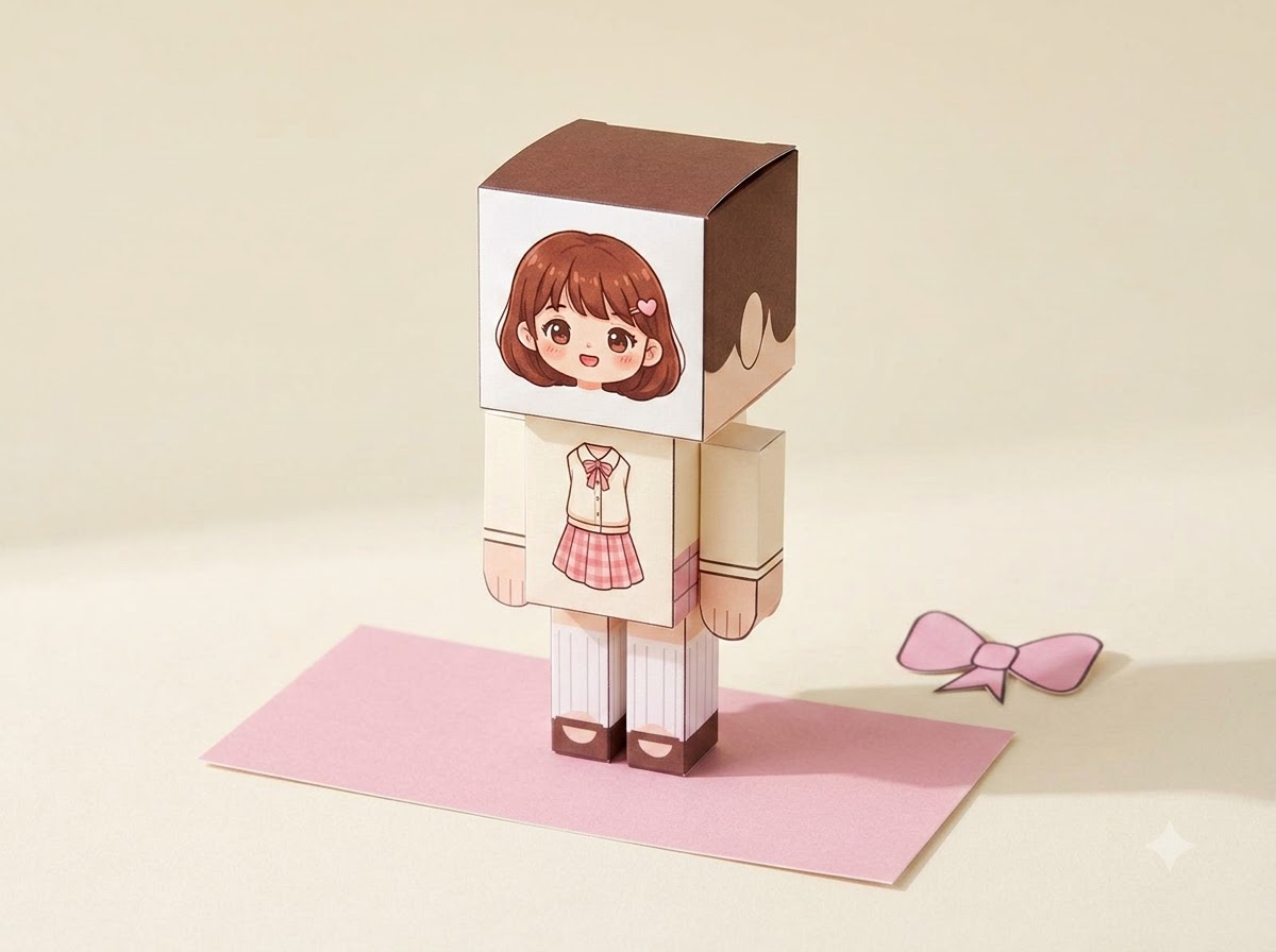 갈색 단발머리와 하트 핀, 리본 카디건과 분홍 체크 치마를 입은 입체 종이인형이 넓은 체크 받침에 서 있는 완성 예시