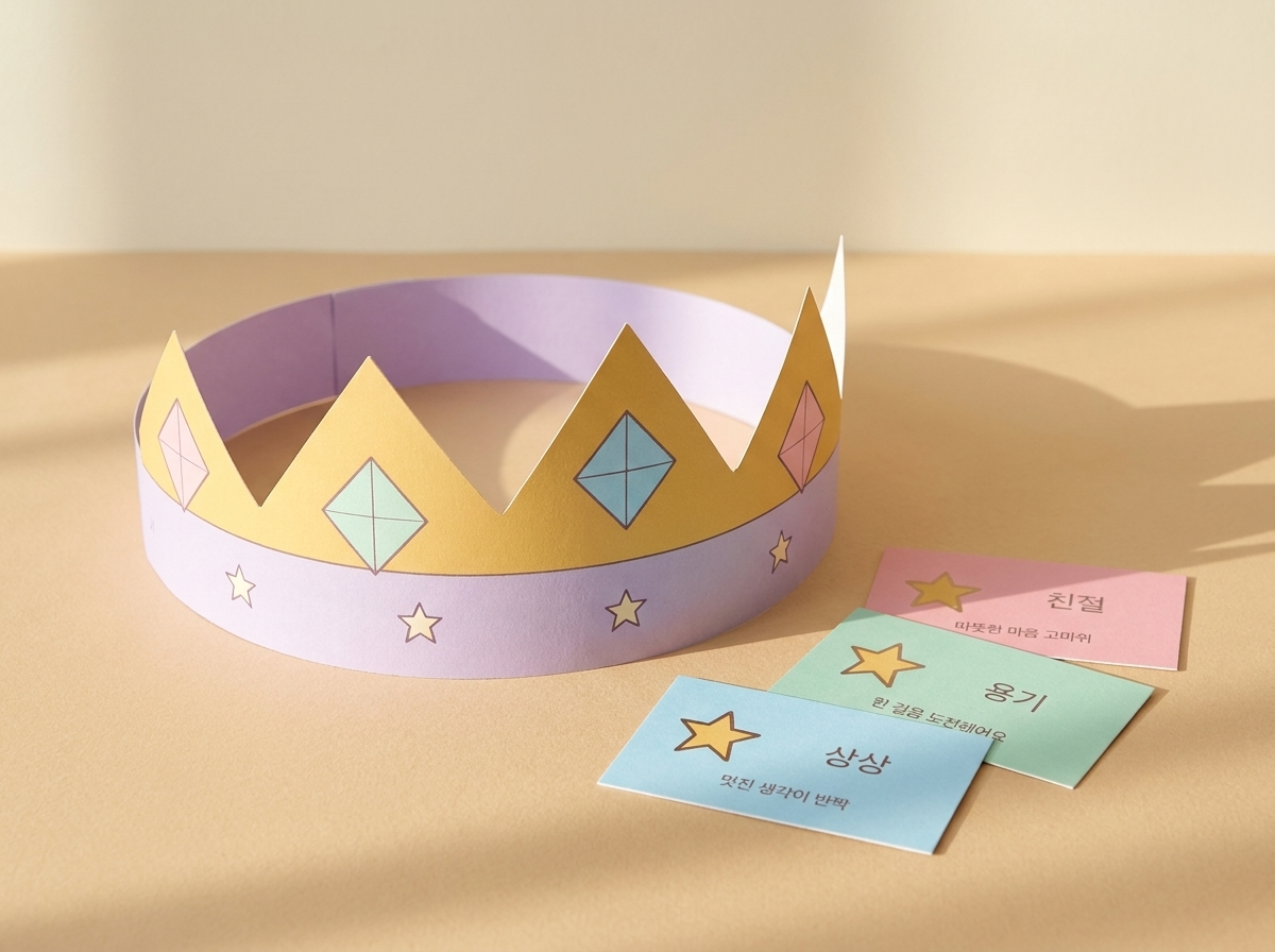 다섯 봉우리와 색색의 인쇄 보석이 있는 파스텔 종이 왕관을 둥글게 연결하고 친절·용기·상상 칭찬 카드 세 장을 놓은 완성 예시