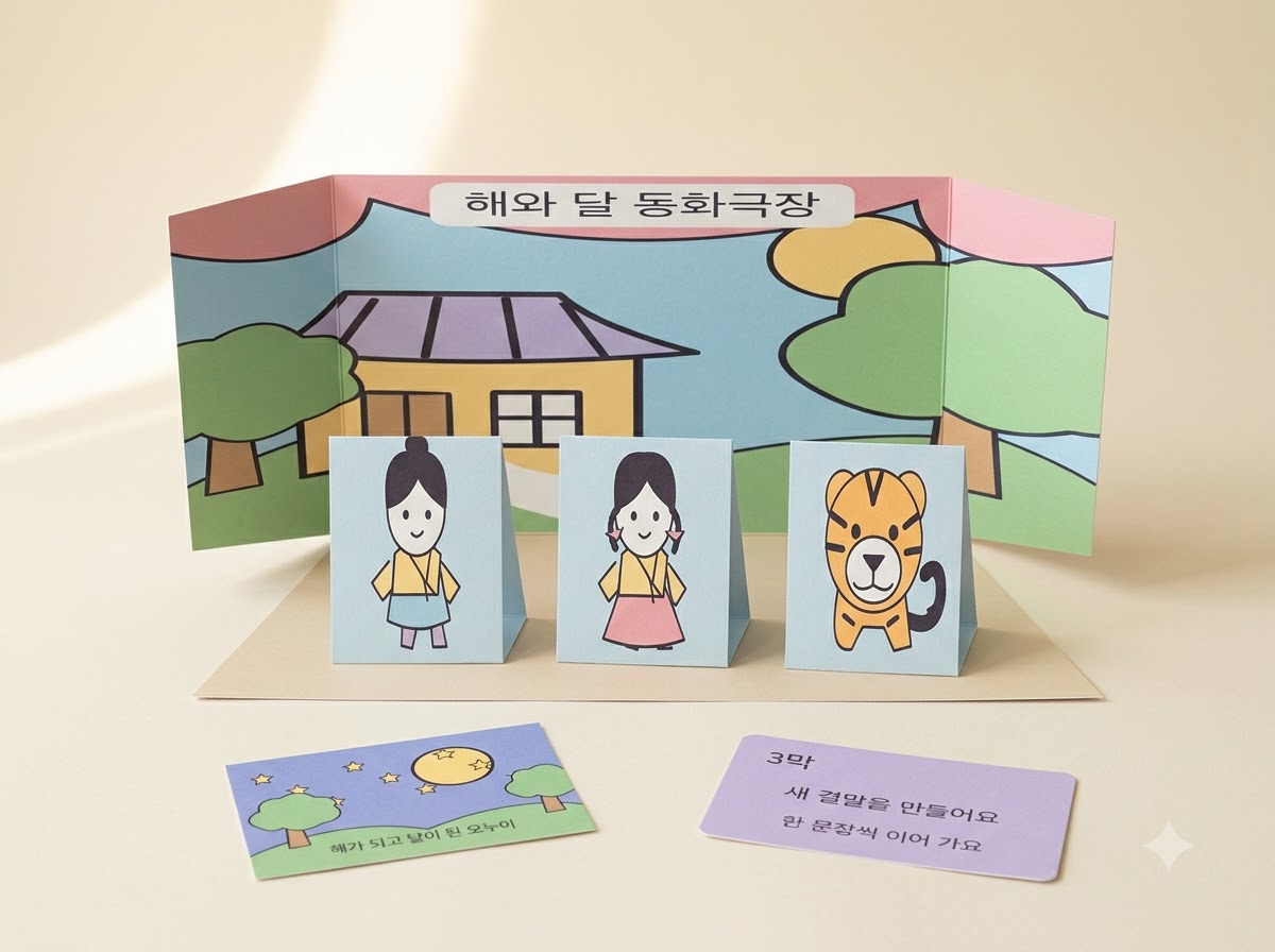 숲과 기와집이 그려진 세 폭 종이 무대 앞에 한복 오누이와 호랑이 인형, 해와 달 배경 카드를 놓은 실사풍 완성 예시